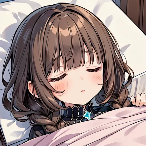 ((1-girl:1.2)),((cute girl:1.2)),(brown hair:1.15),(braid hair:1.15),plump breasts,((coffin:1.2)),((I lie down in a crystal-coffin and sleep with a blanket over me:1.3)),close up face