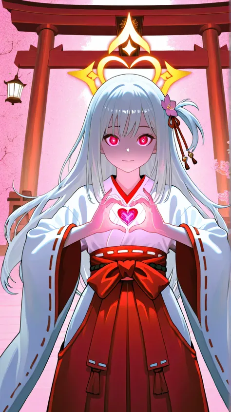 "A stunning anime-style shrine maiden (miko) with short, sleek silver hair and deep red, mesmerizing eyes, standing gracefully while facing forward. She wears a beautifully detailed red and white kimono with intricate golden patterns, flowing sleeves, and ...