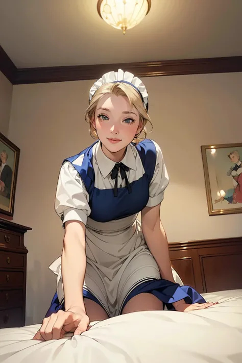 (((young blonde Grace Kelly))), (((wearing maid uniform))), riding on the bed in the  bedroom early in the morning, facing forward, looking at camera kindly, smiling, crouching, view from below, (((illustrated by J.C. Leyendecker)))