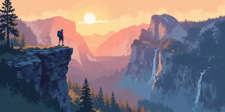 a minimalist color picture of a hiking standing on taft point in Yosemite national park. its a wide picture and is the valley below. the hike and taft point are positioned to the left of the picture and the Yosemite valley is to the right. It's sunset. War...