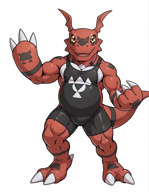 guilmon, high quality, male, solo, white background, no background, looking at viewer, posing, full body, muscular arms, thick arms, wrestling pose, (wearing black wrestling_singlet), 