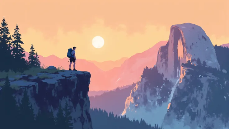 a minimalist color picture of a hiking standing on taft point in Yosemite national park. its a wide picture and is the valley below. the hike and taft point are positioned to the left of the picture and the Yosemite valley is to the right. It's sunset. War...