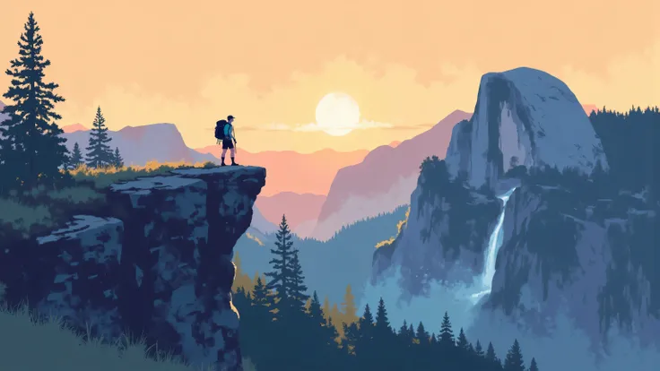 a minimalist color picture of a hiking standing on taft point in Yosemite national park. its a wide picture and is the valley below. the hike and taft point are positioned to the left of the picture and the Yosemite valley is to the right. It's sunset. War...