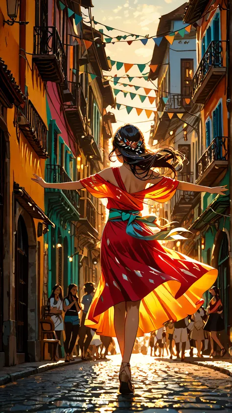 A stylish South American cityscape with colorful colonial-style buildings, cobblestone streets, and warm ambient lighting during the golden hour. The background features vibrant murals, street vendors, and people enjoying the lively atmosphere. In the cent...