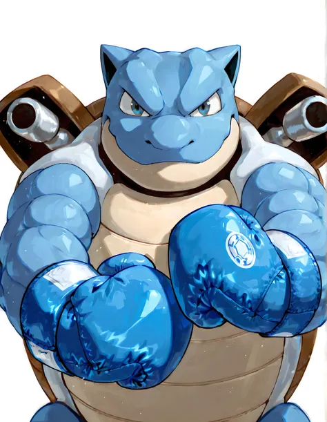 zzBlastoise, high quality, male, solo, white background, no background, looking at viewer, posing, half body, muscular, wearing blue boxing_gloves, boxing gloves, pov_boxing, boxing posture, boxing stance, front view, 