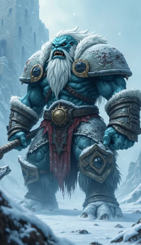 "A monstrous Russian Orc Warlord, his icy blue skin laced with deep red veins resembling frozen cracks in a glacier. His long, silver-white hair whips in the cold wind, thick as a wolf’s mane. His heavy, fur-lined armor is a mix of medieval Slavic steel an...