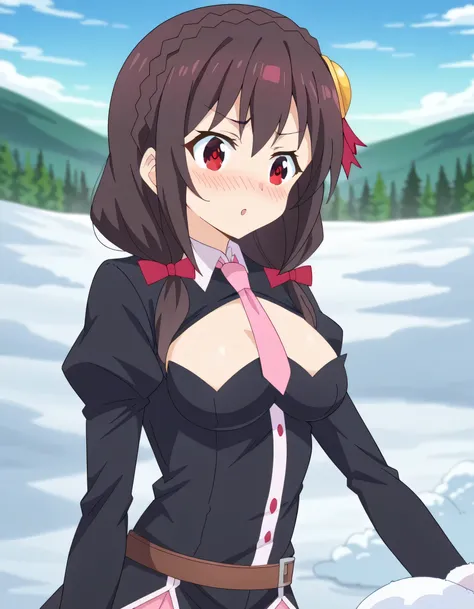 high image quality,high quality、 
Yunyun、 black hair, HAIR ACCESSORY, red eyes,   Long Sleeve, tie,   Outfit Cutout, cleavage cutout, pink tie、(pink muffler)、Snowfield、(snowball fight)、(blush)、I'm in a hurry 、and viewed obliquely from the side、Throwing sno...