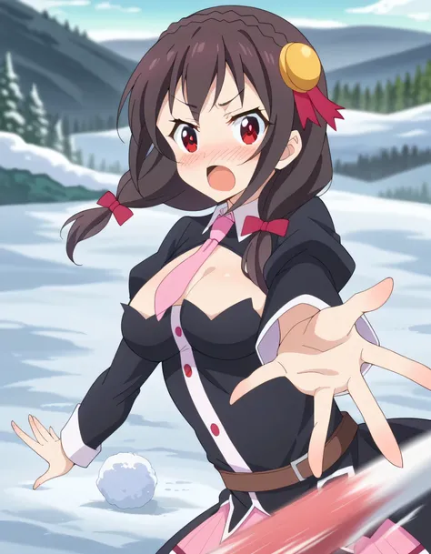 high image quality,high quality、 
Yunyun、 black hair, HAIR ACCESSORY, red eyes,   Long Sleeve, tie,   Outfit Cutout, cleavage cutout, pink tie、 view viewer、pink muffler、Snowfield、(snowball fight)、(blush)、I'm in a hurry 、and viewed obliquely from the side、T...