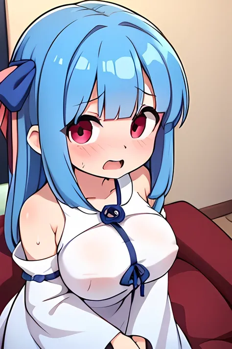 aoi kotonoha,((blue hair ribbon:1.4)),red eyes,(droopy eyes),blue hair ,very long hair,blunt bangs,((((tall to the eye))),(huge breast),((((grace body ))),(((white dress))), detach sleeve, Wide Sleeves ,  shoulder out ,(embarrassed),(Overlook),(open mouth)...