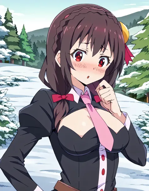 high image quality,high quality、 
Yunyun、 black hair, HAIR ACCESSORY, red eyes,   Long Sleeve, tie,   Outfit Cutout, cleavage cutout, pink tie、(pink muffler)、Snowfield、(snowball fight)、(blush)、I'm in a hurry 、and viewed obliquely from the side、Throwing sno...