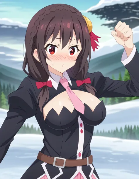 high image quality,high quality、 
Yunyun、 black hair, HAIR ACCESSORY, red eyes,   Long Sleeve, tie,   Outfit Cutout, cleavage cutout, pink tie、See viewer、pink muffler、Snowfield、(snowball fight)、(blush)、I'm in a hurry 、and viewed obliquely from the side、Thr...