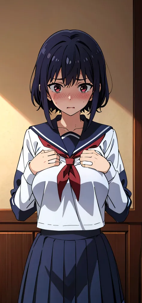 Anime girl wearing sailor uniform,scared, blushing , big boobs , school uniform, pretty girl , full sleeves , school sailor uniform , white uniform, white 