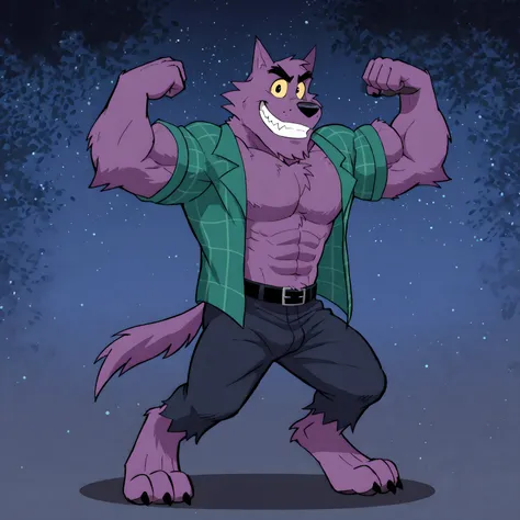 Bernard, Bernard_Mettle, werewolf, purple fur, yellow sclera, teal flannel shirt, furry chest, black belt, dark blue pants, barefoot, muscular, flexing, grin, proud, strong, night background
