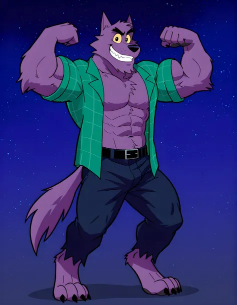 Bernard, Bernard_Mettle, werewolf, purple fur, yellow sclera, teal flannel shirt, furry chest, black belt, dark blue pants, open shirt, barefoot, muscular, flexing, grin, proud, strong, night background, 