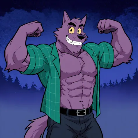 Bernard, Bernard_Mettle, werewolf, purple fur, yellow sclera, teal flannel shirt, furry chest, black belt, dark blue pants, open shirt, muscular, flexing, grin, proud, strong, night background, half body