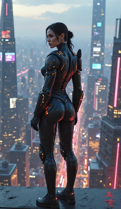 An imposing scene of a tough female character dressed in elegant futuristic armor, standing on the edge of a skyscraper overseeing a neon city.