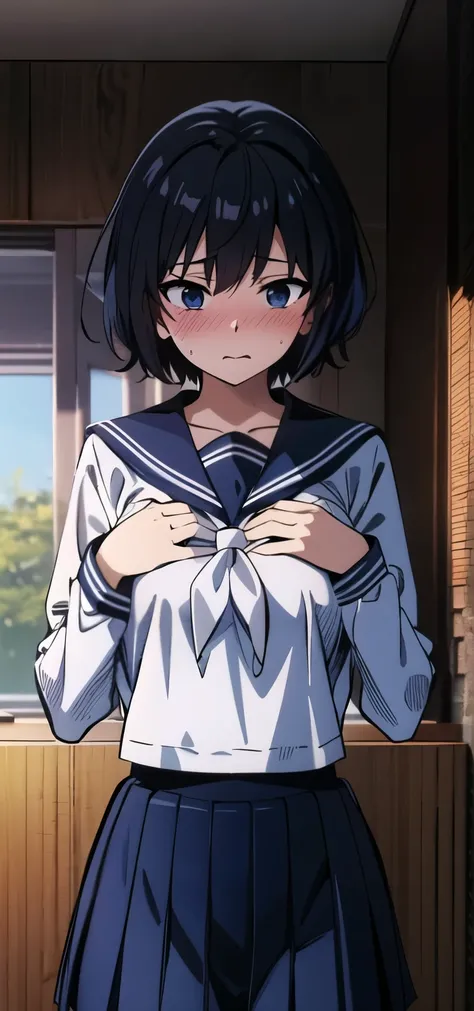 Anime girl wearing sailor uniform,scared, blushing , big boobs , school uniform, pretty girl , full sleeves , school sailor uniform , white uniform, white 