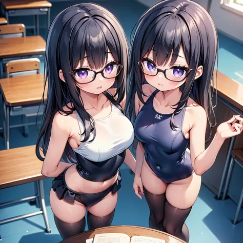 ((Glasses Girl)),(cute eyes:1.2), (Sparkling Eyes:1.2), (8k、best image quality、Highest quality、masterpiece)、detailed faces、(2 girls)、 that improves white space 、(  black hair, purple eyes, long hair)、(open your mouth), (embarrassing), (slim body:1.3),(smal...