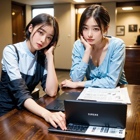 JS_NEWS,Major News,Laptop on the , sitting near the table, 1 girl,Laptop on the table, documents on the table ,very short bob hair, droopy eyes:1.5, Very thin:1.5