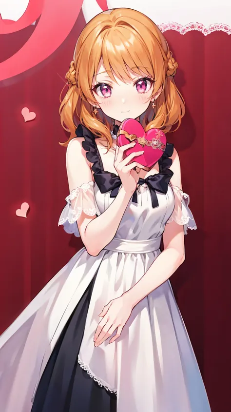 masterpiece, Highest quality, Super Detail,  in detail, Hi-Res, 8k Wallpaper,  the background is white ，1 person，Valentine's Day， trying to hand over chocolate，simple background， perfect body，orange hair，pink eye（large1：2，perfect detailed eyes），Clean hands...