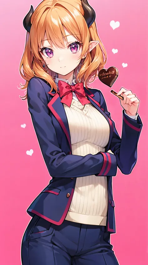 masterpiece, Highest quality, Super Detail,  in detail, Hi-Res, 8k Wallpaper,  the background is white ，1 person，Valentine's Day， trying to hand over chocolate，simple background， perfect body，orange hair，pink eye（large1：2，perfect detailed eyes），Clean hands...