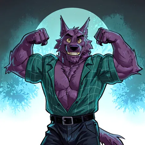 Bernard, Bernard_Mettle, werewolf, purple fur, yellow sclera, teal flannel shirt, furry chest, black belt, dark blue pants, open shirt, muscular, flexing, grin, proud, strong, night background, half body, t4r4nf1dd13r