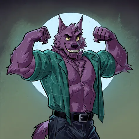 Bernard, Bernard_Mettle, werewolf, purple fur, yellow sclera, teal flannel shirt, furry chest, black belt, dark blue pants, open shirt, muscular, flexing, grin, proud, strong, night background, half body, t4r4nf1dd13r, looking at viewer