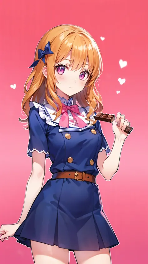 masterpiece, Highest quality, Super Detail,  in detail, Hi-Res, 8k Wallpaper,  the background is white ，1 person，Valentine's Day， trying to hand over chocolate，simple background， perfect body，orange hair，pink eye（large1：2，perfect detailed eyes），Clean hands...