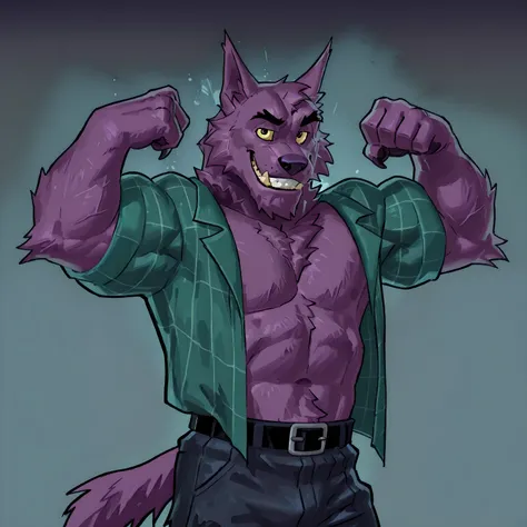 Bernard, Bernard_Mettle, werewolf, purple fur, yellow sclera, teal flannel shirt, furry chest, black belt, dark blue pants, open shirt, muscular, flexing, grin, proud, strong, night background, half body, t4r4nf1dd13r, front view, looking at viewer