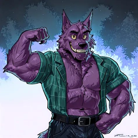 Bernard, Bernard_Mettle, werewolf, purple fur, yellow sclera, teal flannel shirt, furry chest, black belt, dark blue pants, open shirt, muscular, flexing, grin, proud, strong, night background, half body, t4r4nf1dd13r, front view, (bare biceps), looking at...