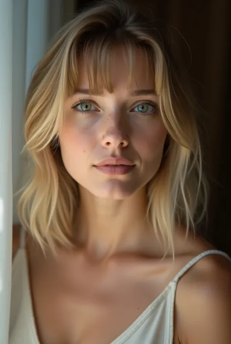 The woman appears to be 20 years old, has fair skin, a toned build and a square face, and is European. The girl has shoulder-length blonde hair with bangs and green eyes. 
Her facial expression ranges from neutral to slightly joyful, with subtle changes in...