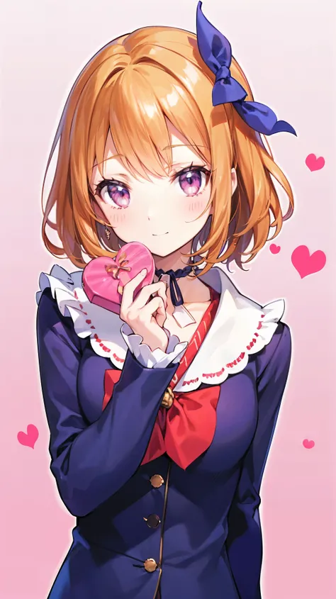 masterpiece, Highest quality, Super Detail,  in detail, Hi-Res, 8k Wallpaper,  the background is white ，1 person，Valentine's Day， trying to hand over chocolate，simple background， perfect body，orange hair，pink eye（large1：2，perfect detailed eyes），Clean hands...