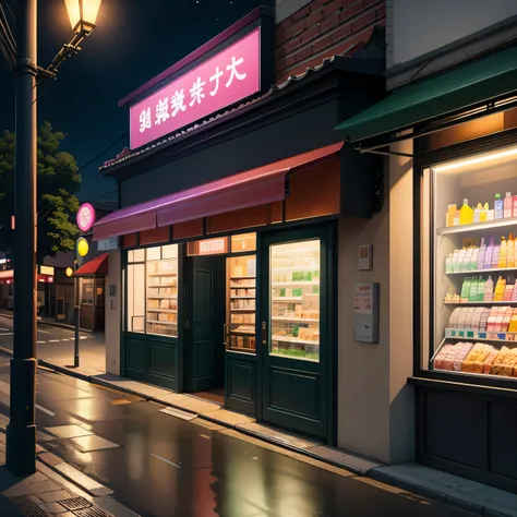 （masterpiece、need、Super delicate、high resolution），3D rendering, Convenience store on the road，moon，night，street lamp，Pink，green，glass texture、 Gradient translucent glass melt