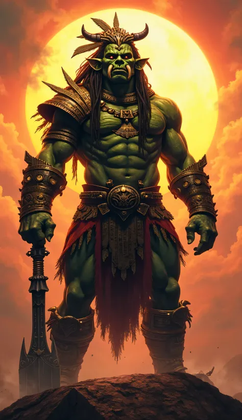 "A fearsome Mexican Orc Warlord, his emerald-green skin decorated with golden and red tribal war tattoos of ancient Aztec deities. His long, dark-brown dreadlocks are adorned with obsidian shards and jaguar fangs. His glowing crimson eyes peer from beneath...