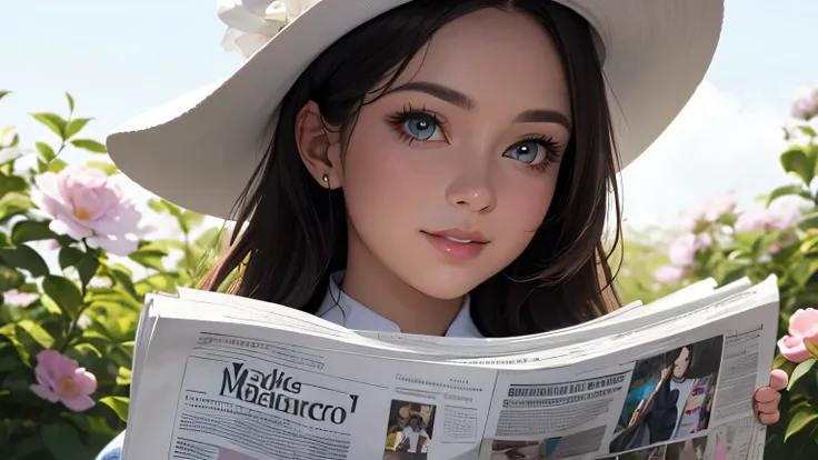 The image of the rich　A slender woman with clear eyes and nose　 wearing glasses 　 reading a newspaper 　women wearing white hats　I'm putting it on my chin　The background is white