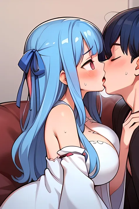 (((Kiss:1.5))),young couple,1Man, 1girl ,straight,/ 1 man,black hair,/2 Aoi kotonoha,((blue hair ribbon:1.4)),red eyes,(droopy eyes),(open pupil),blue hair ,very long hair,blunt bangs,((((tall to the eye))),(huge breast),((((grace body ))),(((white dress))...