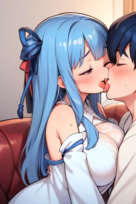 (((Tongue Kiss:1.5))),young couple,1Man, 1girl ,straight,/ 1 man,black hair,/2 Aoi kotonoha,((blue hair ribbon:1.4)),red eyes,(droopy eyes),(open pupil),blue hair ,very long hair,blunt bangs,((((tall to the eye))),(huge breast),((((grace body ))),(((white ...