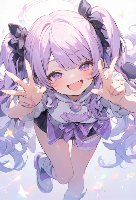  cute costume , super miniskirt,  big smile,  wink,  two hands are making a peace sign, pale pink sparkling background ,  full body depiction, lean forward, long hair, purple eyes,  light purple hair with hair tips