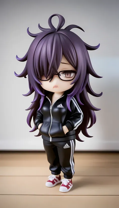 (masterpiece, best quality, amazing quality, very aesthetic, absurdres, newest:1), masterpiece,best quality,amazing quality, pvc style ,1girl,solo,solo girl,long hair,dark purple hair, ((messy hair)), hair over one eye,bags under eyes , jitome ,half closed...