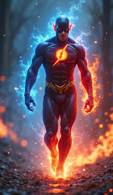 Hades' body is now like that of a speeding flash, undressed, combative, and has the flash logo on his chest.  He walks through the underworld leaving a trail of blue and red flames, his laughter echoing as he moves faster than light, strong muscular"A very...