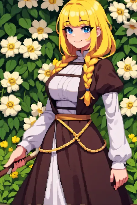 Young girl in a medieval canvas dress.  Skinny.  with big blue eyes .  oval face . Tender and soft.  smiles. Long yellow hair with flowers braided in it