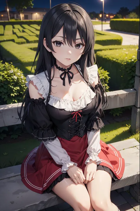 Masterpiece, Anime Style, A young girl, sitting on a stone bench , (View from above). pretty face, expressionless expression, long black hair, detailed eyes, black eyes, choker : 1.6, ((Victorian style dress in red and white)), corset, (long skirt), sel...