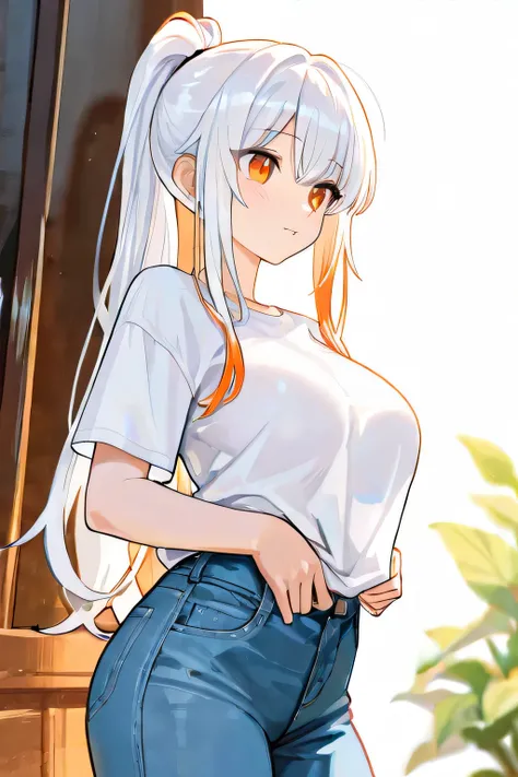 female, white hair, ponytail,  orange eyes, big boobs,  white t-shirt,  jeans