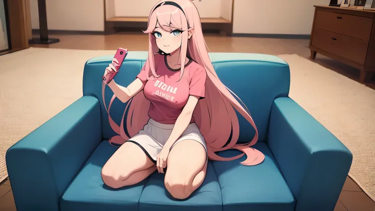  A 20-year-old girl, long pink straight hair, a pink t-shirt and a white skirt, she is sitting on an armchair while holding a cell phone in one of her hands, In her face it reflects sadness.