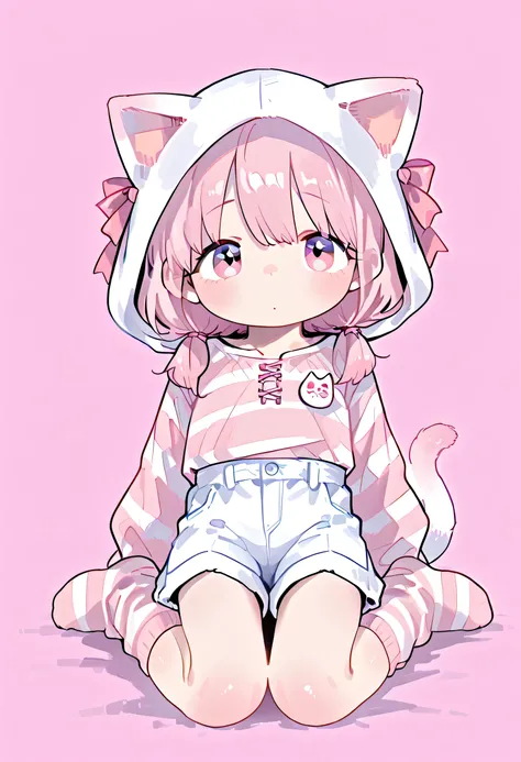 female character, pink eyes, white cat hood with pink bow, pink and white striped long sleeve shirt, white shorts, pink and white striped socks, 
