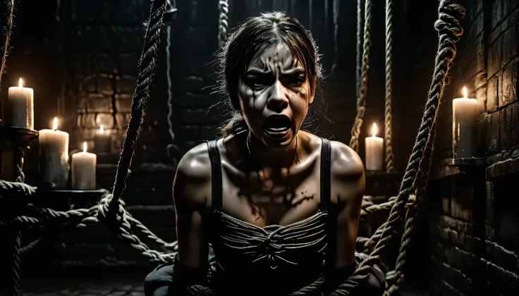 sfw,hogtied girl, detailed facial features, restrained posture, fearful expression, struggling against ropes, dark dungeon setting, candles flickering, cobweb-covered walls, dramatic  lighting,gritty horror photography,dark oil painting,4K,8K,HDR,ultra-det...