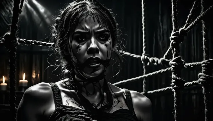 sfw,hogtied girl, detailed facial features, restrained posture, fearful expression, struggling against ropes, dark dungeon setting, candles flickering, cobweb-covered walls, dramatic  lighting,gritty horror photography,dark oil painting,4K,8K,HDR,ultra-det...