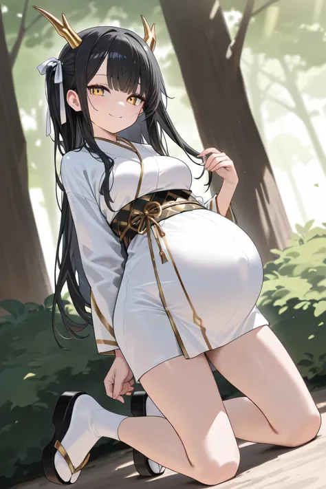 (Best quality, 4k, 8k, high resolution, masterpiece:1.2), ultra detailed, intricate details, SOLO, beautiful girl, alone, long black hair, bangs, one side of her hair adorned with a white ribbon with gold stripes, golden eyes, small-medium breasts, perfect...