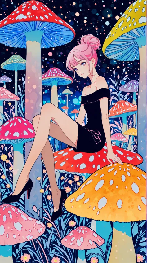 1girl,beautiful 18 year old girl,pink hair in a bun,bare shoulders,sitting on a giant mushroom,elegant,chic,modern,fashionable,muted colors,soft lighting,art nouveau,psychedelic anime style,colorful,trippy,vivid colors,bokeh
