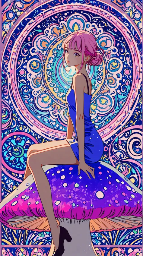 1girl,beautiful 18 year old girl,pink hair in a bun,bare shoulders,sitting on a giant mushroom,elegant,chic,modern,fashionable,muted colors,soft lighting,art nouveau,psychedelic anime style,colorful,trippy,vivid colors,bokeh
